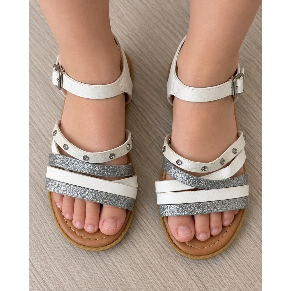Mudd Girls White Silver Glitter Studded Multi Strap Sandals Size 2 ARIES-01K